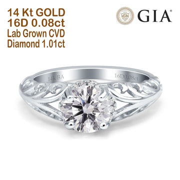 14K White Gold Round Art Deco Filigree GIA Certified 6.5mm D VS1 1.01ct Lab Grown CVD Diamond Engagement Wedding Ring Size 6.5